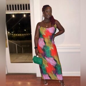 Multi Printed Plisse Cowl Neck Maxi Dress